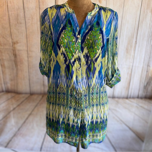 Chico's Tops - CHICO'S Sheer Tunic Top, Blue & Green Patterned, Button Up Or Cardigan Sz 1 Or M